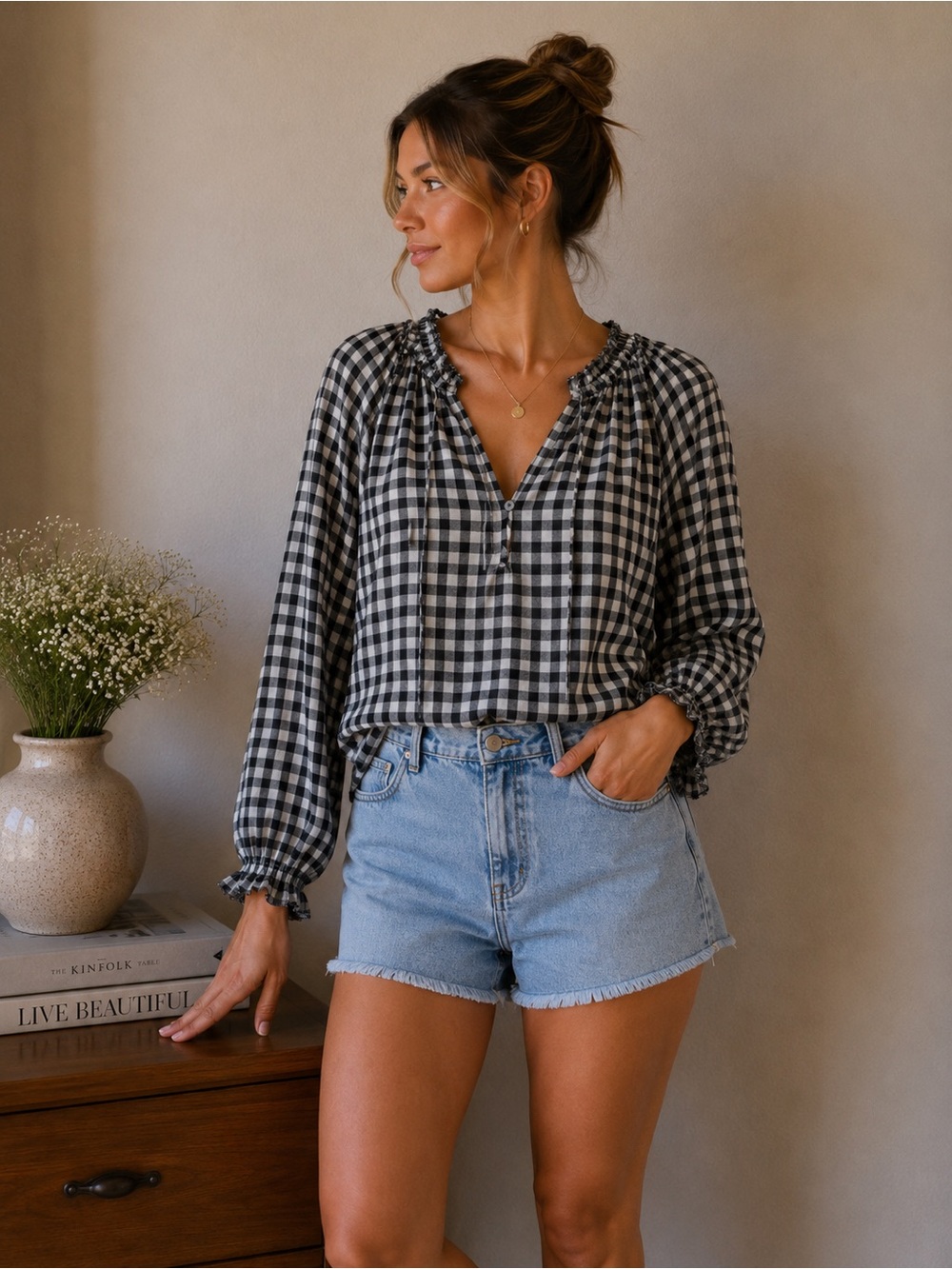 Plaid Ruffle-Neck Peasant Blouse in Black and White